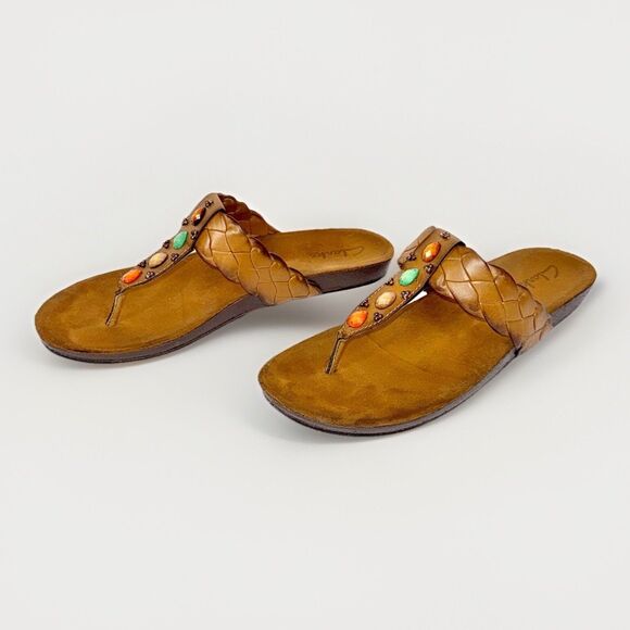 Clarks Thong Sandals Brown Vegan Leather Jewels Boho Western Aztec Coral Braid 8 - Picture 1 of 16